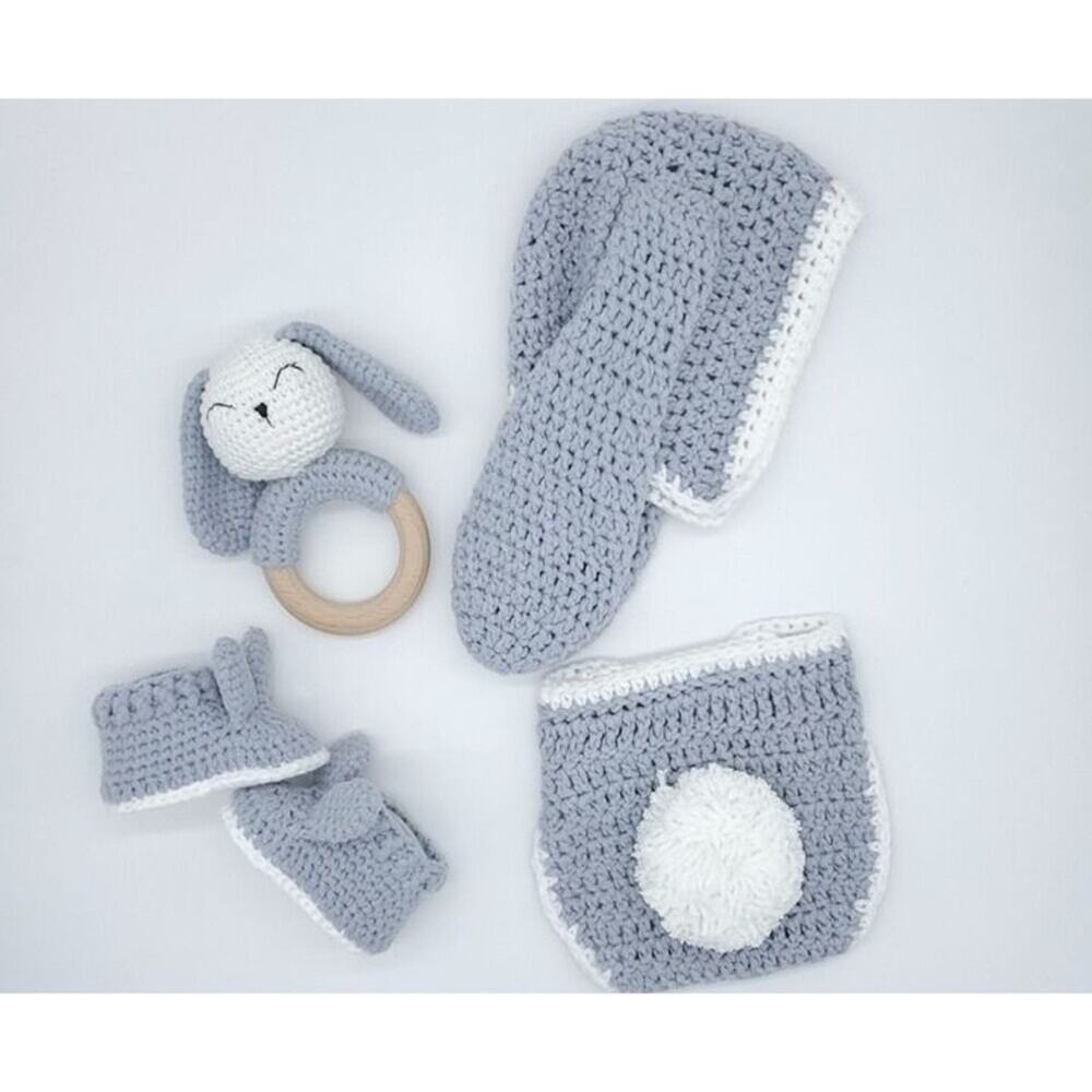 Handmade Crochet Bunny Baby Gift Set – Rattle, Bonnet, Booties & Diaper Cover